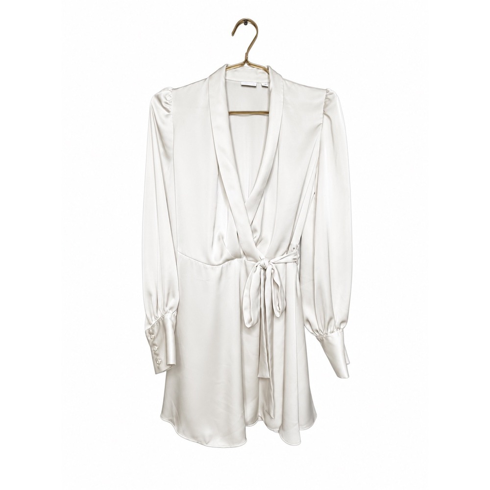 Babaton Satin Wrap Mini Dress Ivory 2XS Shawl Collar Tie Waist Long Sleeve - Picture 2 of 8